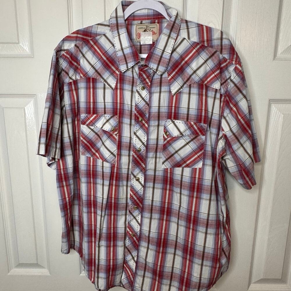 Wrangler Sz XL-short sleeve-pearl snap-button up-red.brown.blue
